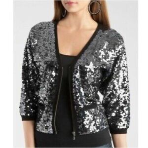 NWOT Guess Black Sequin Zippered V-Neck Cardigan Jacket 3/4 Sleeve Size Small